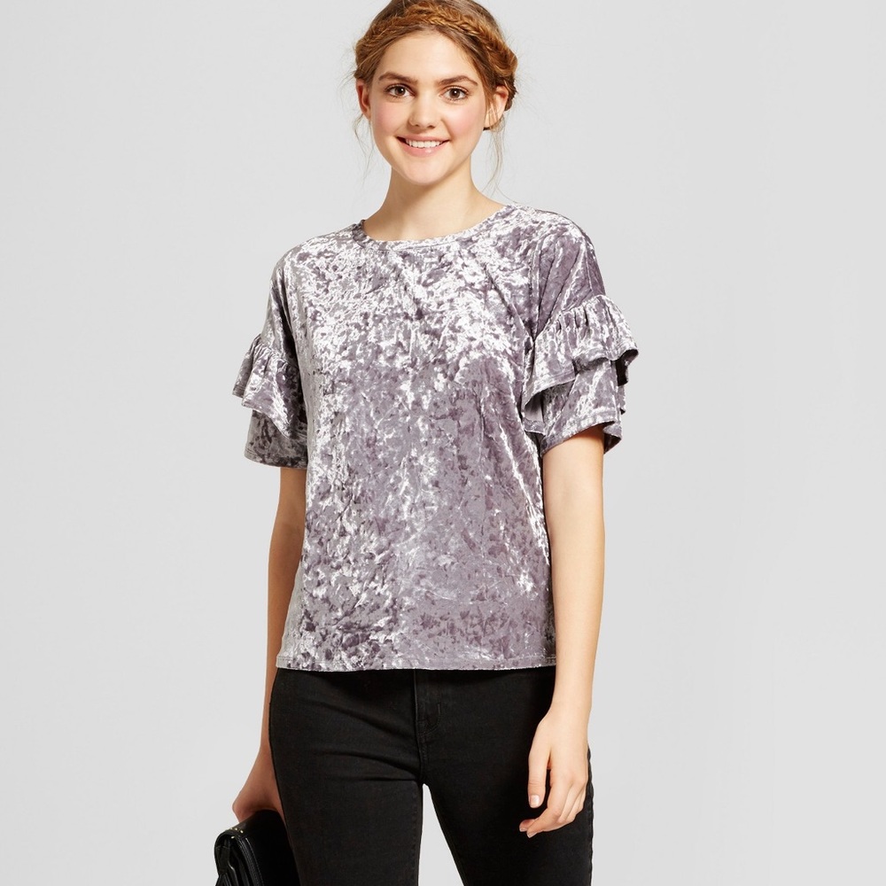 🛍 Target Grey Ruffled Velvet Top (XL)